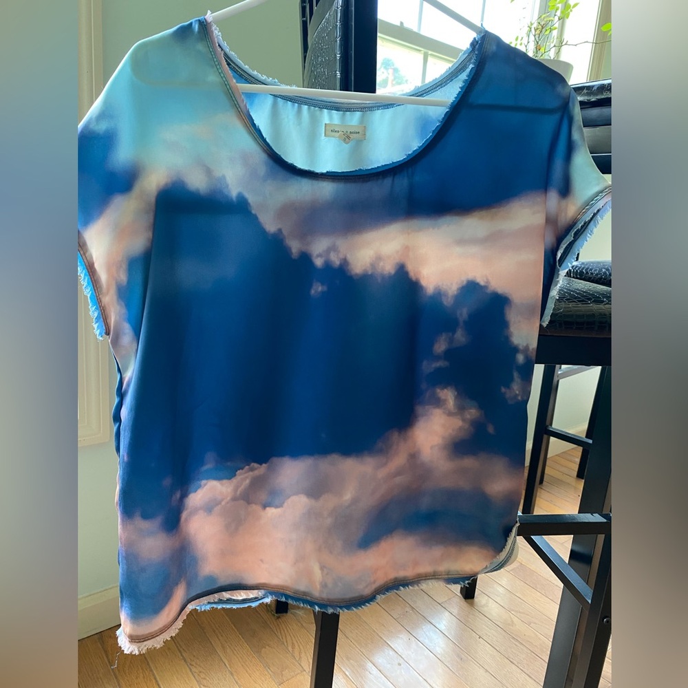Silence + Noise Women's Small Blouse Scoop Neck Cap Sleeve Sky Sunset Printed